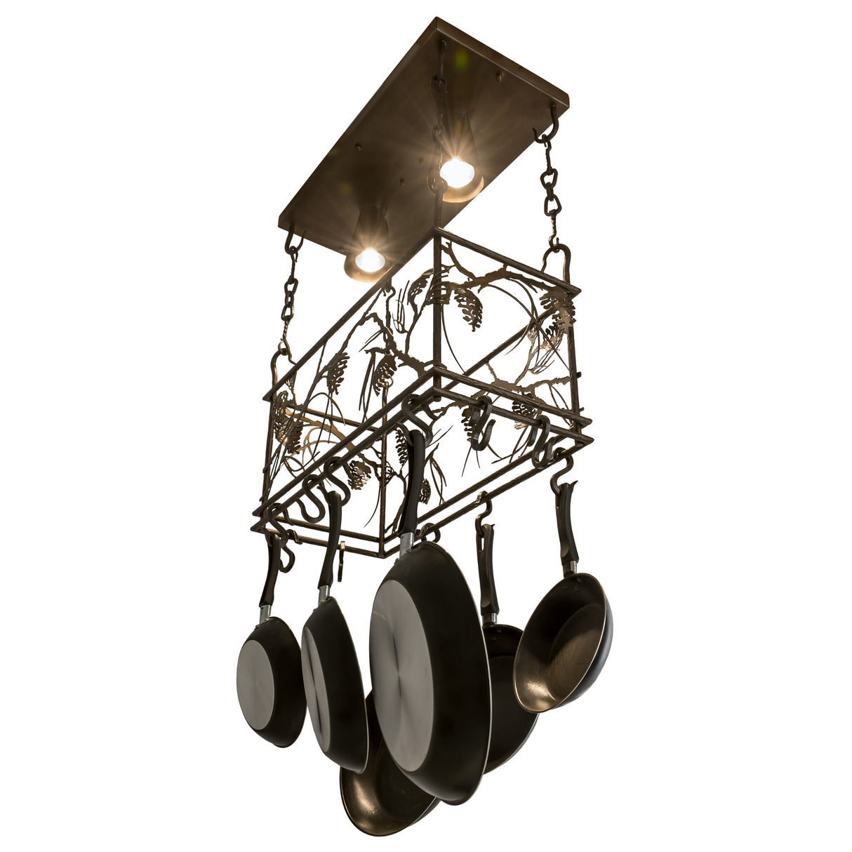 Bottom view of Whispering Pines chandelier with warm downlighting.
