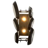 Bottom view of Whispering Pines pot rack chandelier with lights glowing