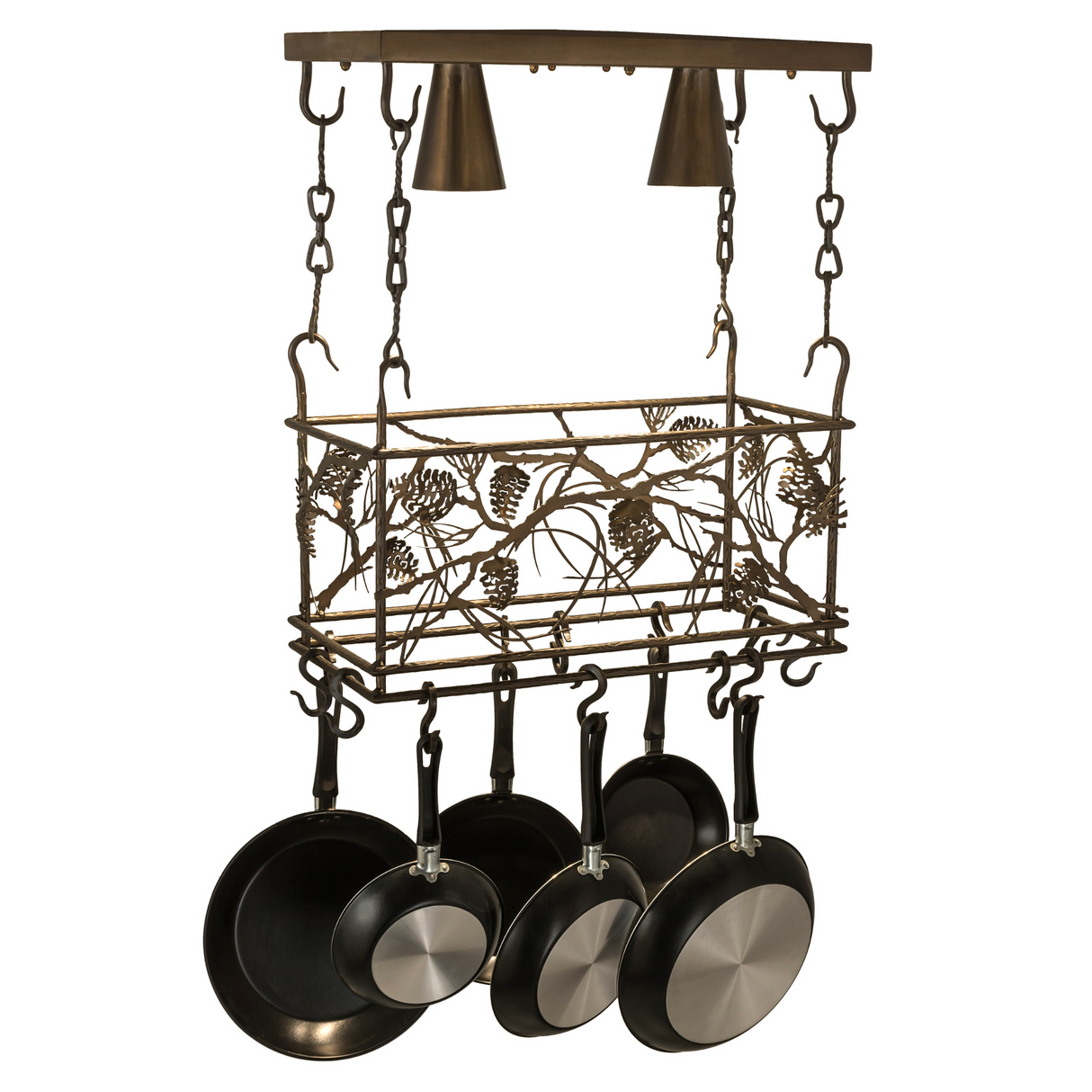 Rustic pinecone pot rack lit, side view with hanging cookware.