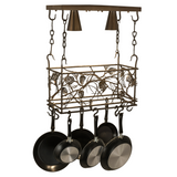 Rustic pinecone pot rack lit, side view with hanging cookware.
