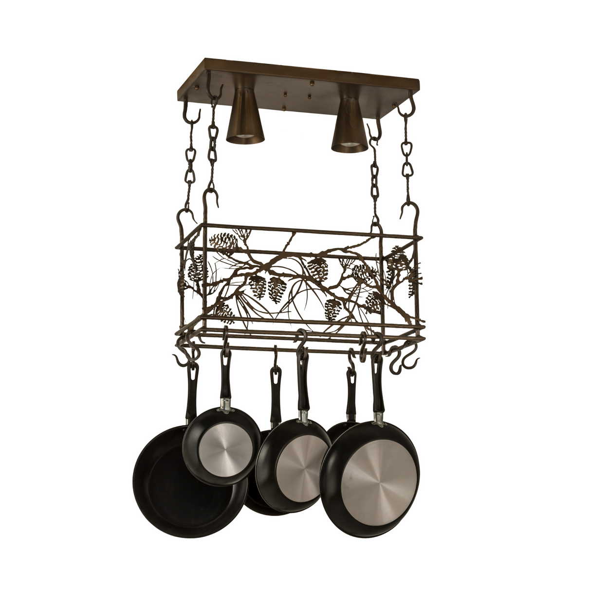 Whispering Pines pot rack unlit, angled view showing pinecone design.