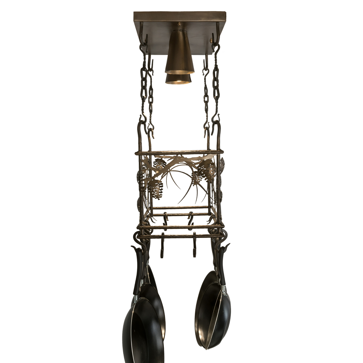 Side profile of unlit Whispering Pines pot rack chandelier.