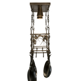 Side profile of unlit Whispering Pines pot rack chandelier.