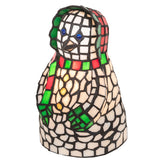 Angled view of a white snow woman accent lamp with vibrant colors.