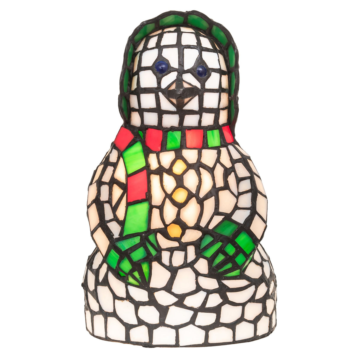 Front view of a white snow woman accent lamp with vibrant colors.