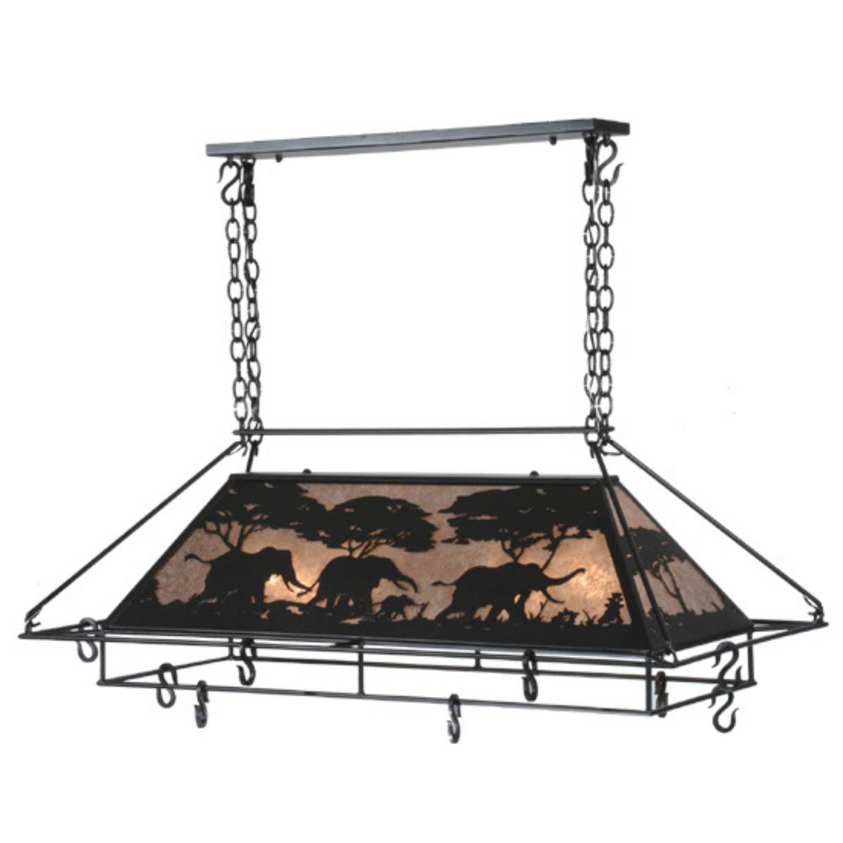 Oblique view of elephant pot rack chandelier with glowing mica panels.