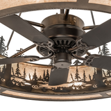 Close-up of fan blades and glowing mica diffuser beneath wildlife scene.