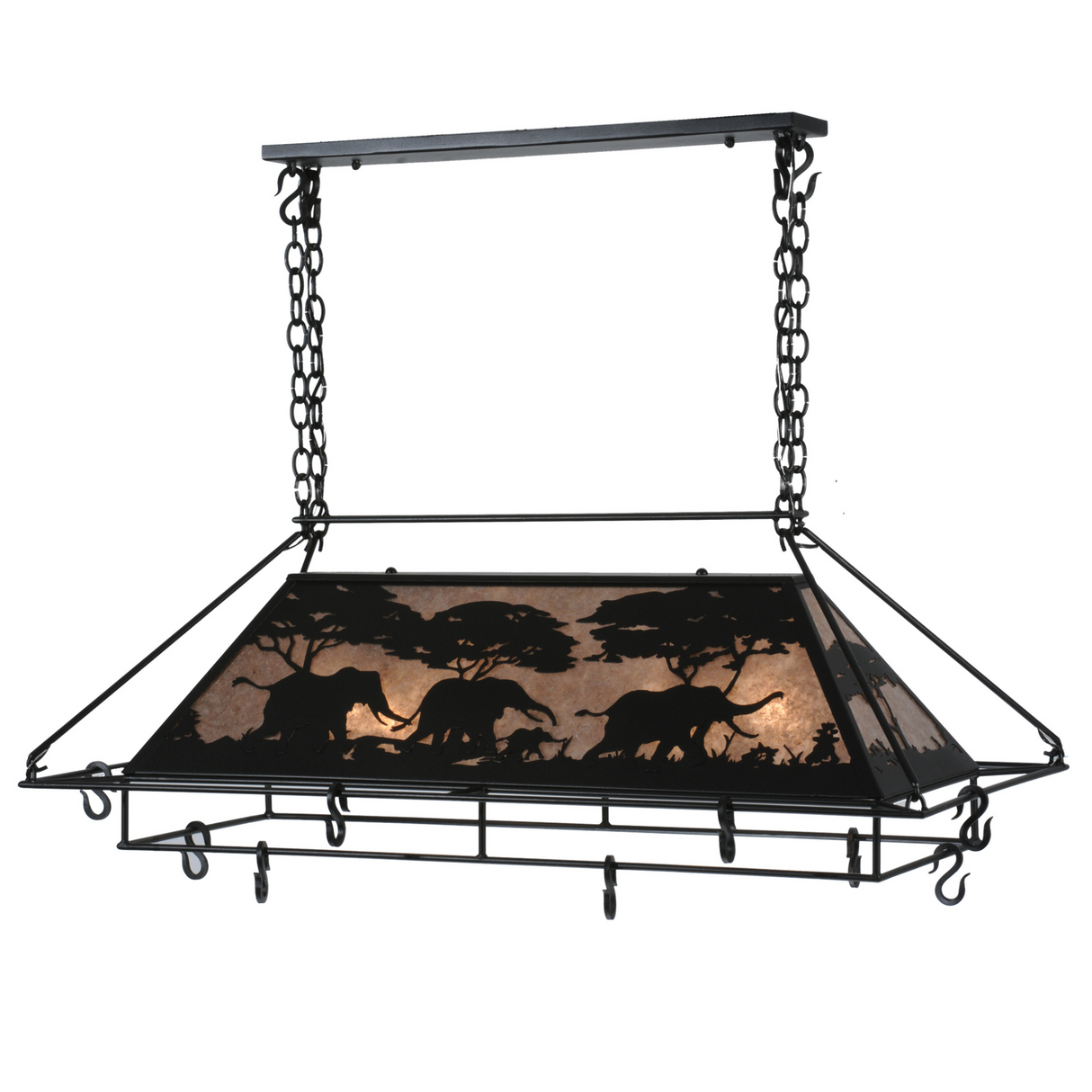 Full frontal view elephant pot rack showing detailed cutout silhouettes.