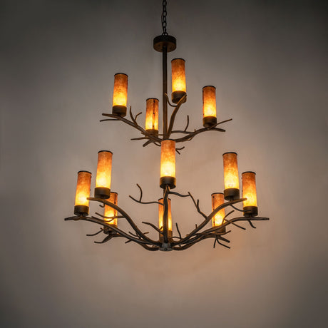 Winter Solstice 12 light chandelier installed in room showing ambient lighting effect.