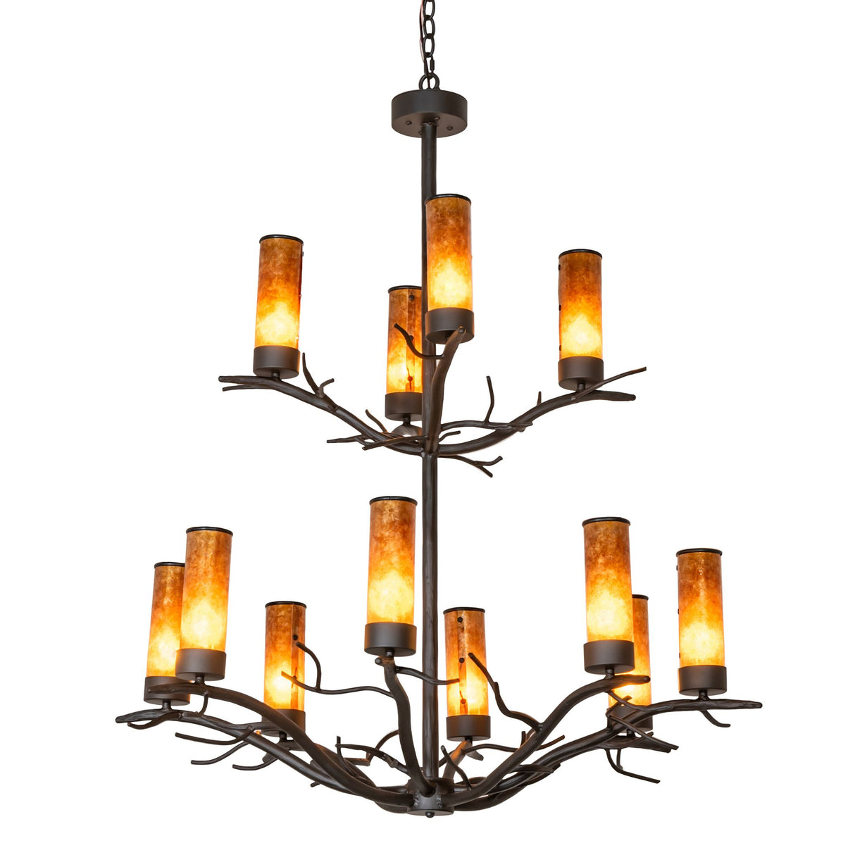 Lit view of Winter Solstice 12 light chandelier with amber mica shades glowing warmly.