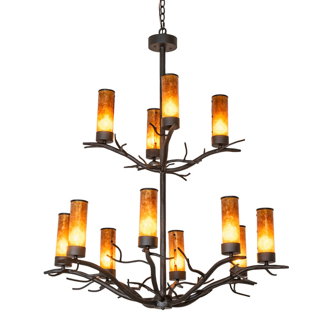Lit view of Winter Solstice 12 light chandelier with amber mica shades glowing warmly.