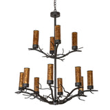 Unlit view of Winter Solstice chandelier highlighting branch-style frame and amber mica shades.
