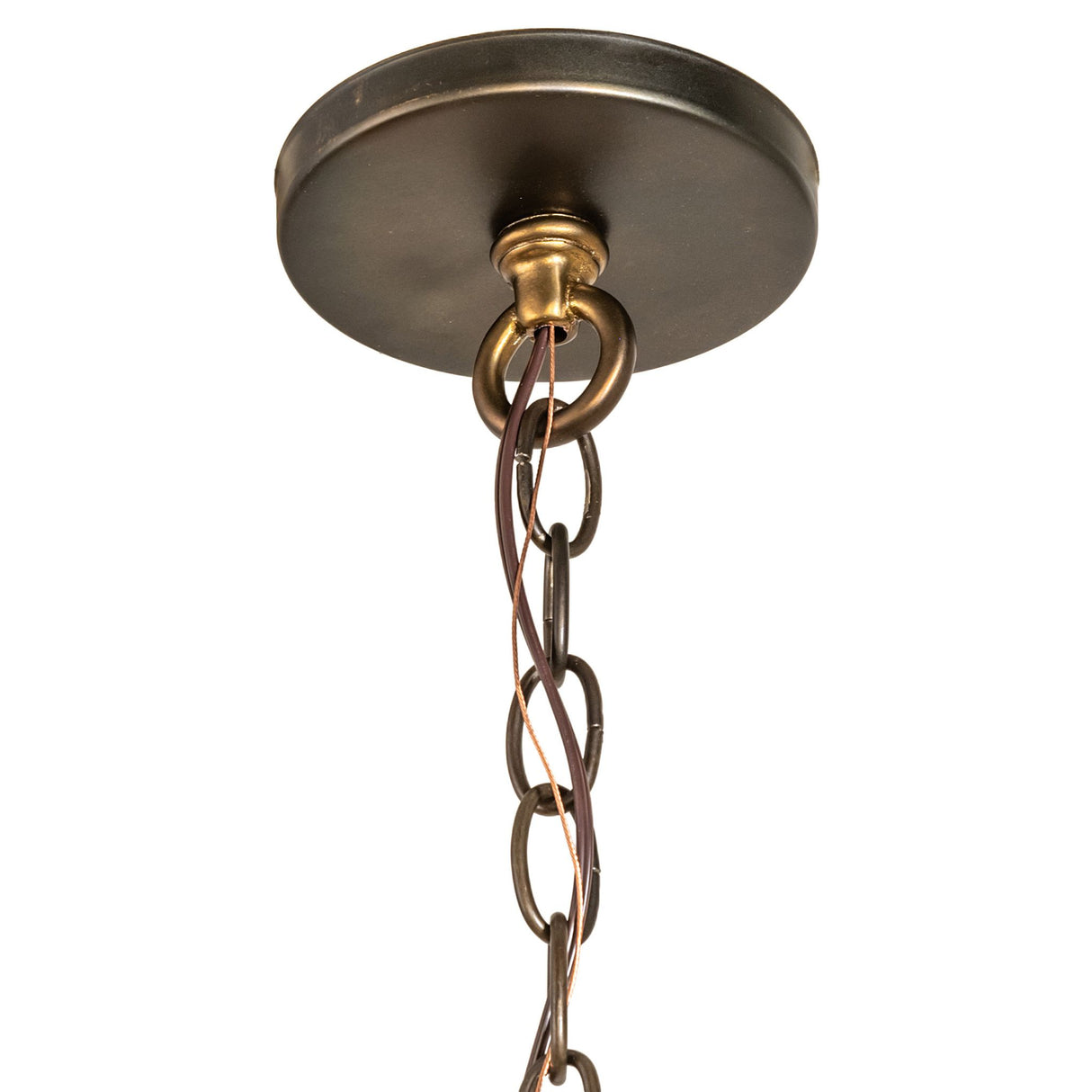 Close-up of ceiling canopy and chain suspension for Winter Solstice oblong chandelier.