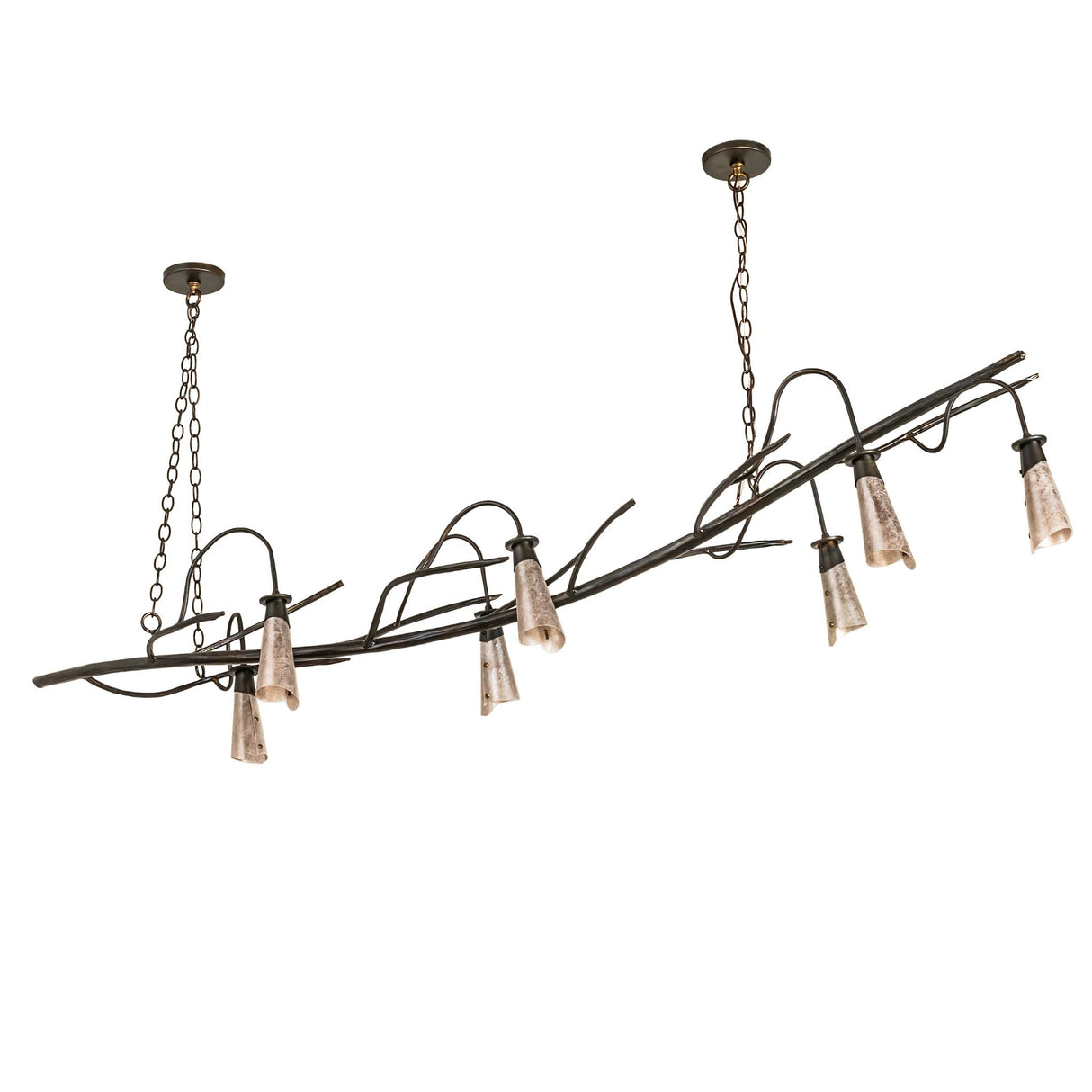 Unlit view of chandelier highlighting branch-inspired metal design and mica shades.