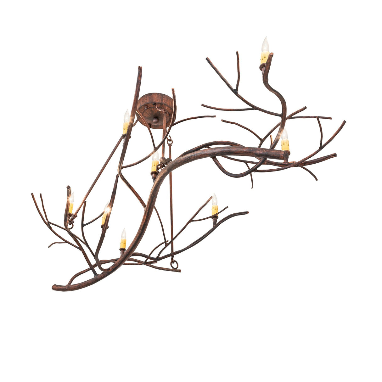 Angled bottom view revealing intertwined branches and candlelight spacing.
