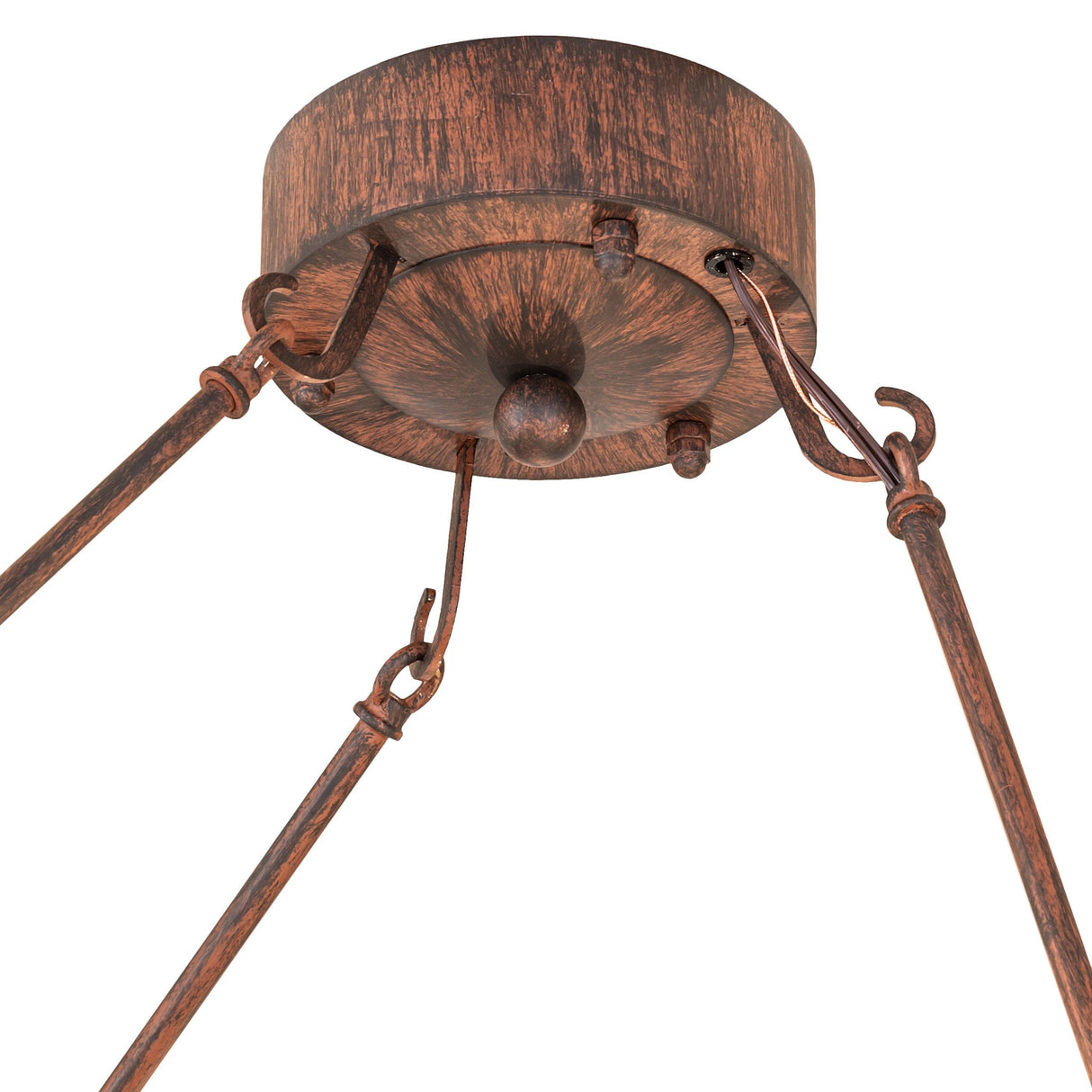 Close-up of driftwood brown ceiling canopy and metal suspension rods.