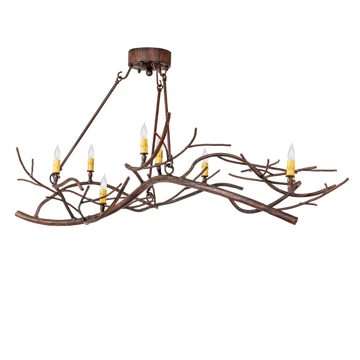 Unlit view of oblong chandelier showcasing sculpted pine branch metal framework.