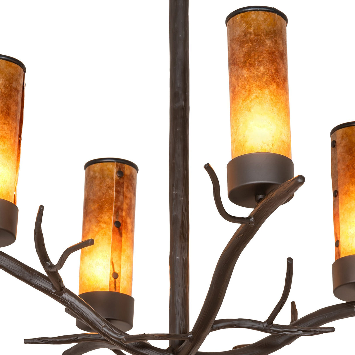 Close-up of Winter Solstice chandelier branch-style metalwork in oil rubbed bronze.