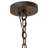 Closeup of ceiling canopy and chain of Winter Solstice chandelier in oil rubbed bronze finish.