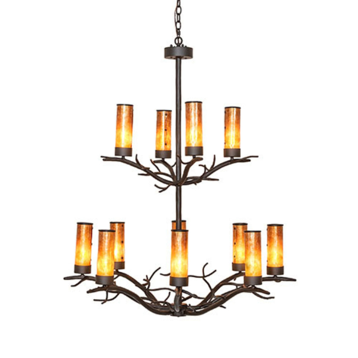 Side angle view of Winter Solstice chandelier emphasizing sculpted metal branches.