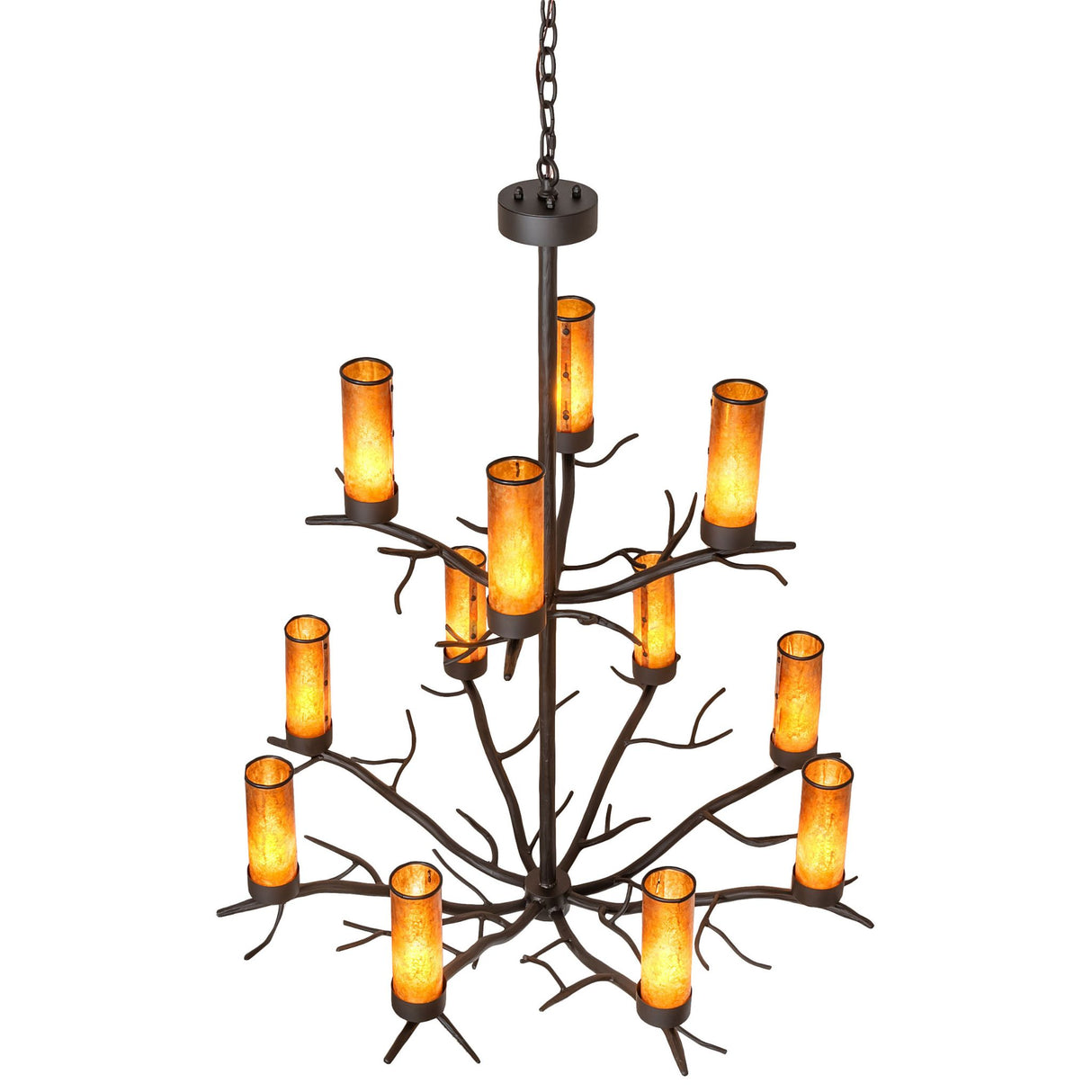 Top angle view of Winter Solstice chandelier highlighting upper branch structure.