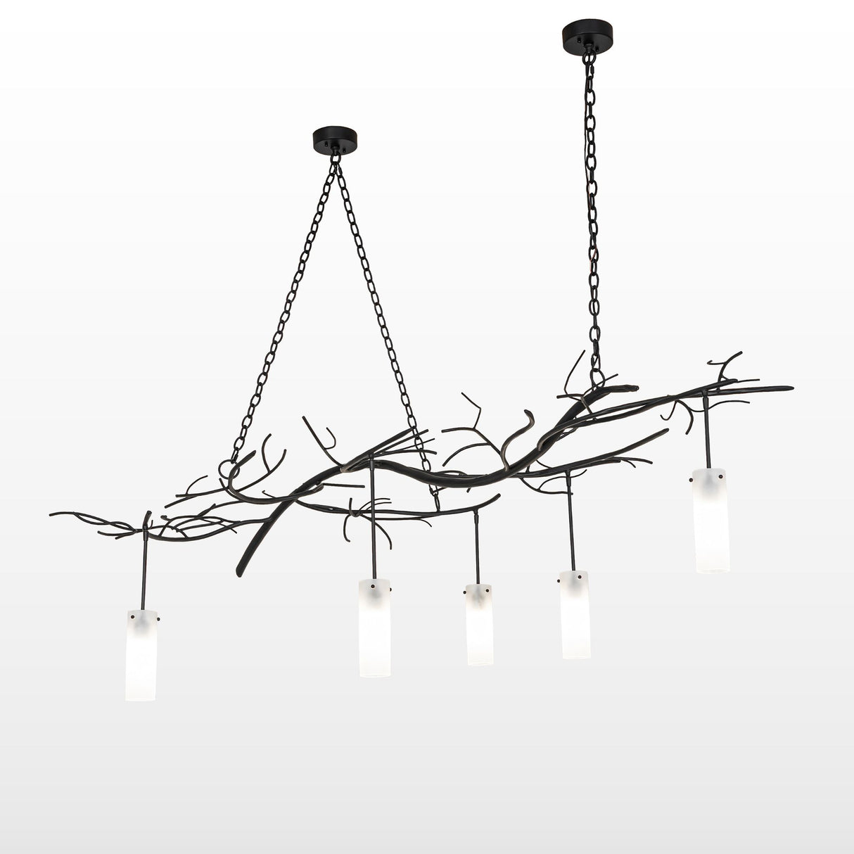 Winter Solstice Cilindro chandelier illuminated, displaying its full five-light design.