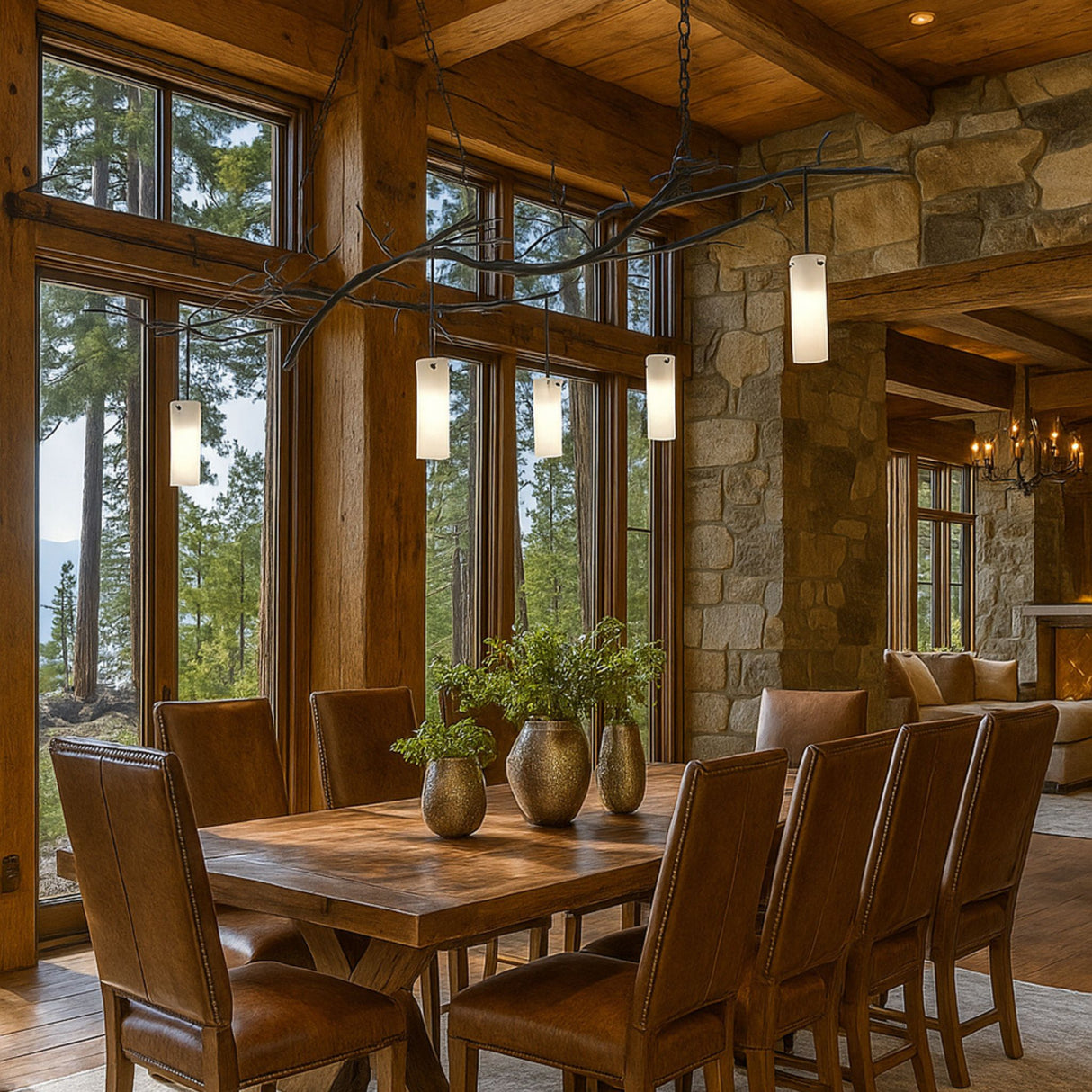 Winter Solstice Cilindro chandelier displayed above a dining table in a rustic wood-and-stone interior.