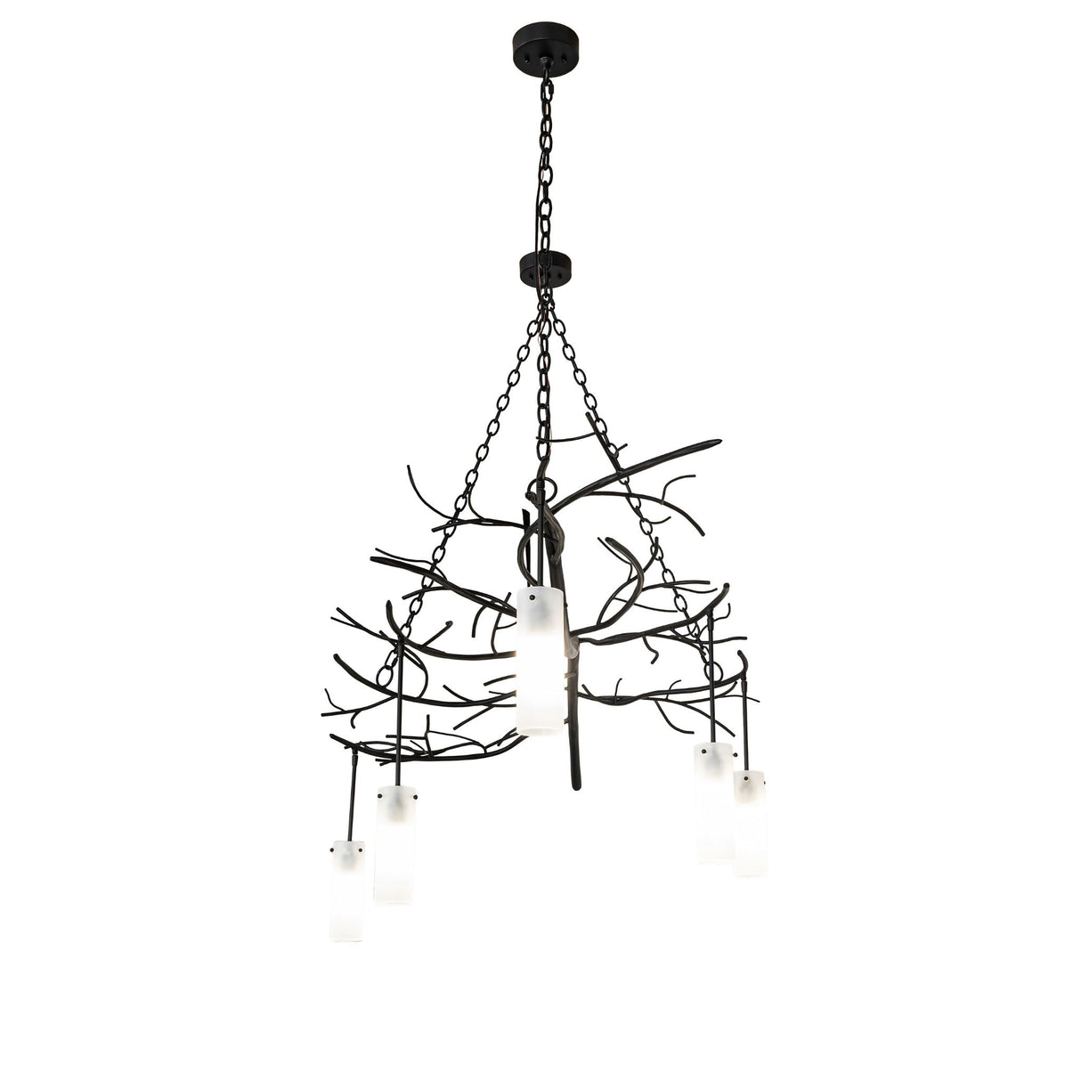 Side view of the Winter Solstice chandelier highlighting its sweeping branch silhouette.