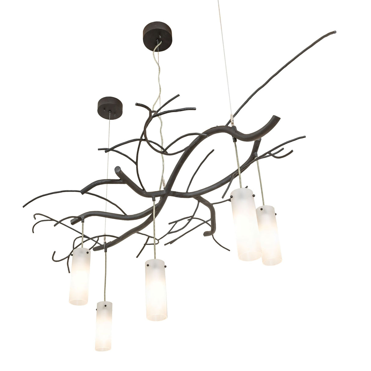Bottom angle view highlighting the glass cylinders and organic branch-style metal framework.