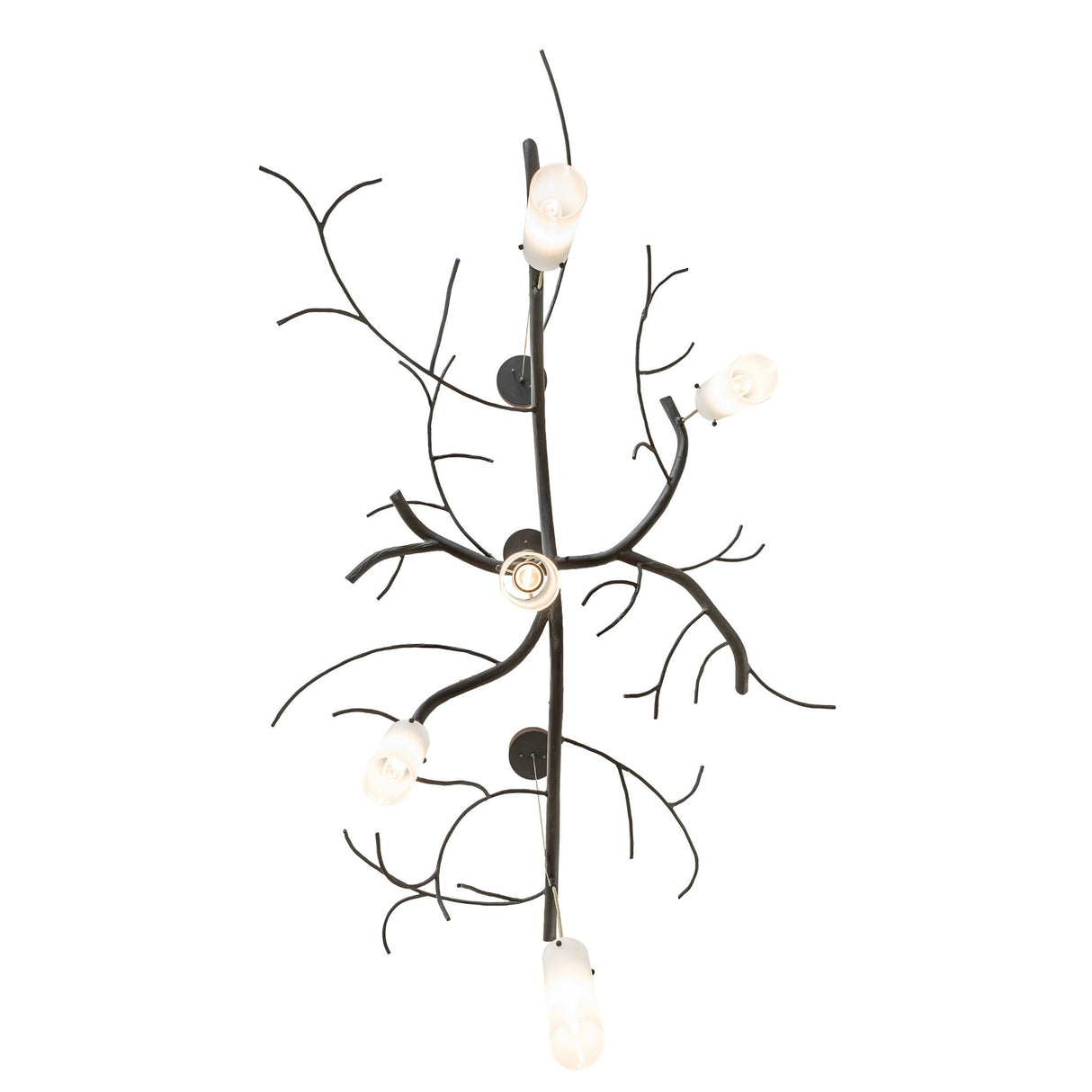 Bottom view showing downward-facing glass cylinders and organic metal branch arrangement.