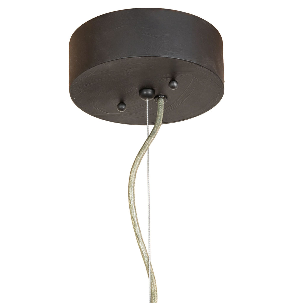 Close-up view of ceiling canopy in Costello black finish, suspension cables, and cord connection.