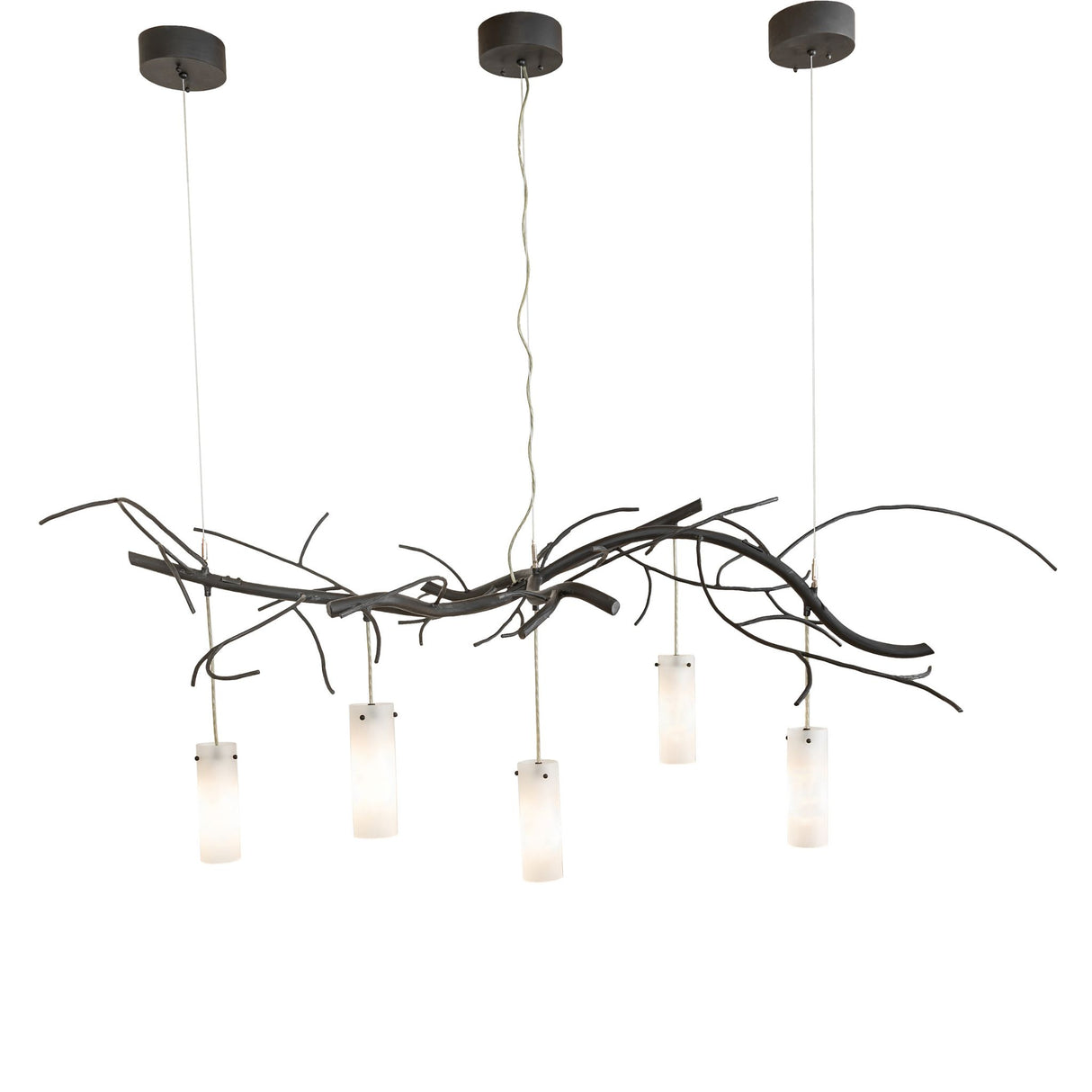 Front view displaying evenly spaced cylindrical glass pendants along the metal branch frame.