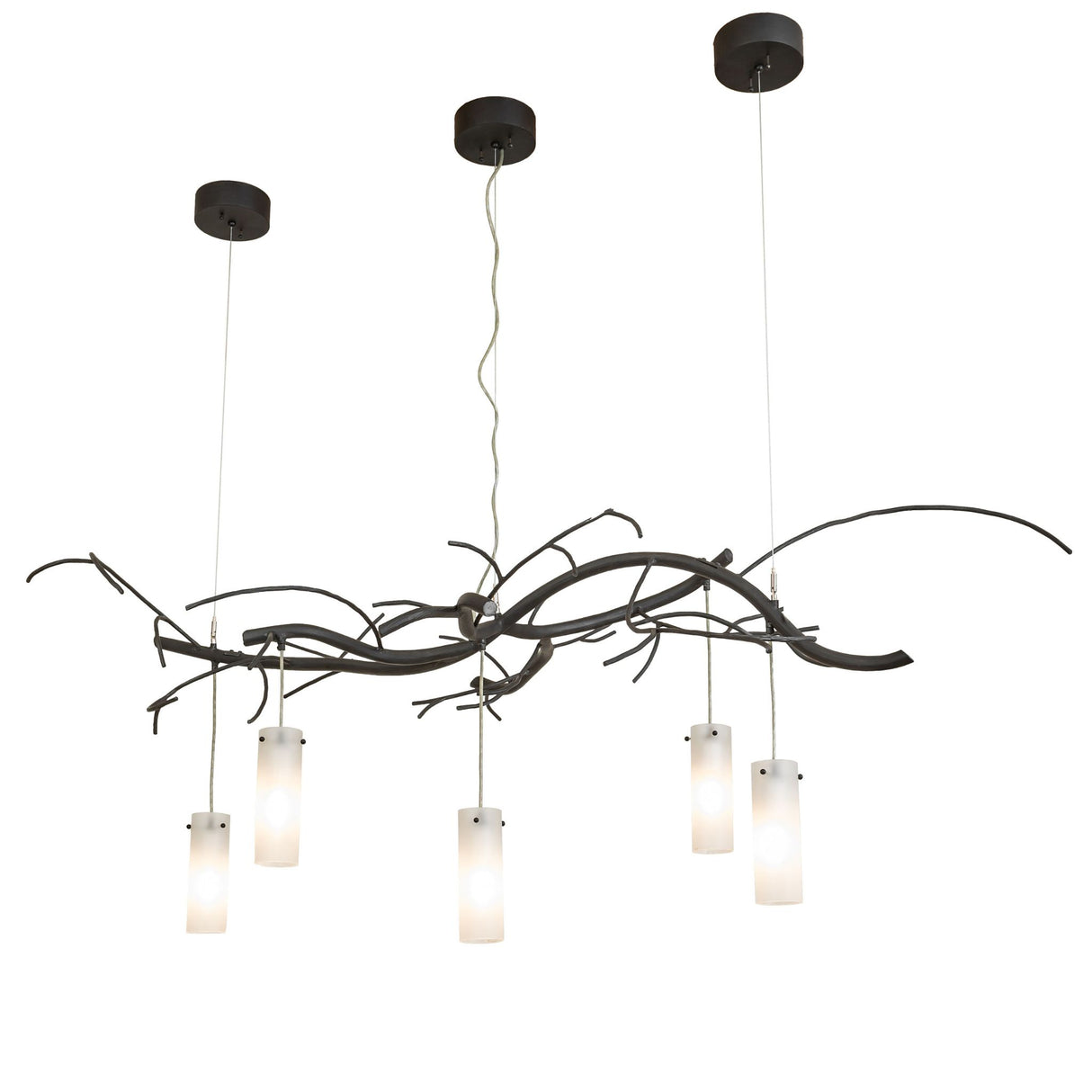 Lit view, glowing frosted glass cylinders suspended from branch-style metalwork.