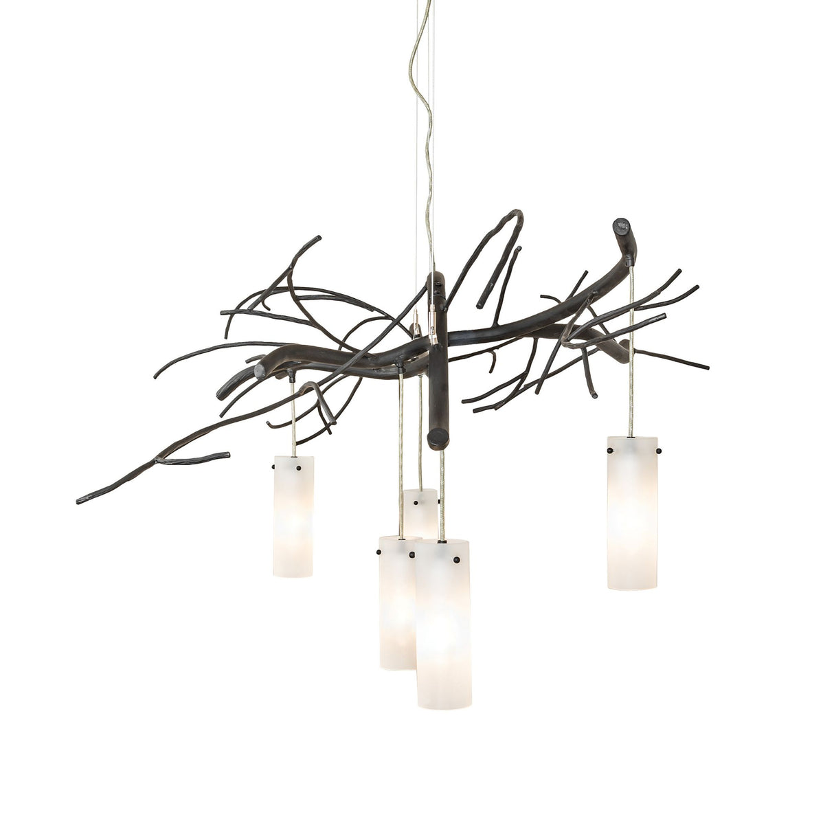 Side view emphasizing the flowing branch-like silhouette and staggered hanging glass cylinders.