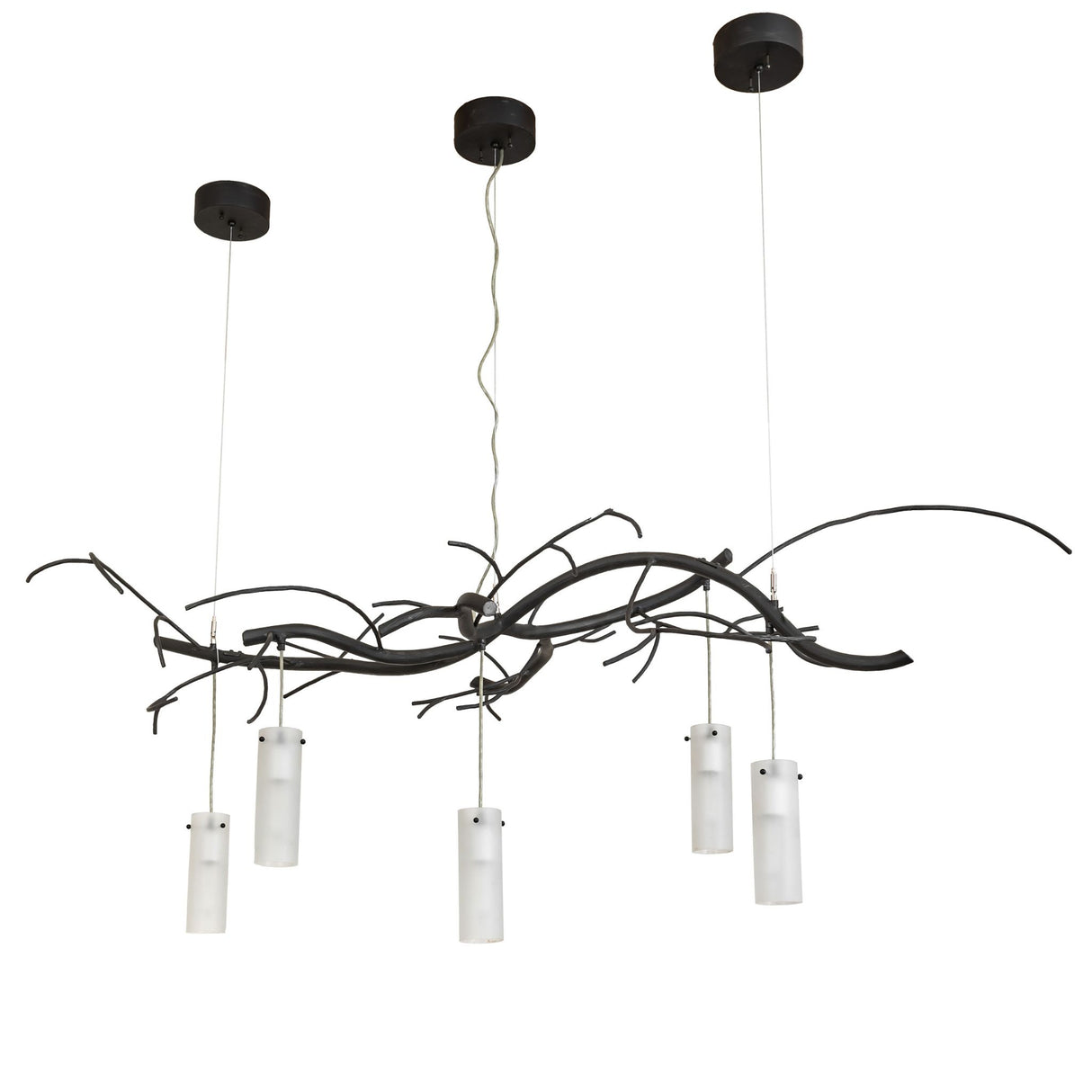 Unlit view highlighting the sculptural pine branch-style metal design and clear frosted glass cylinders.