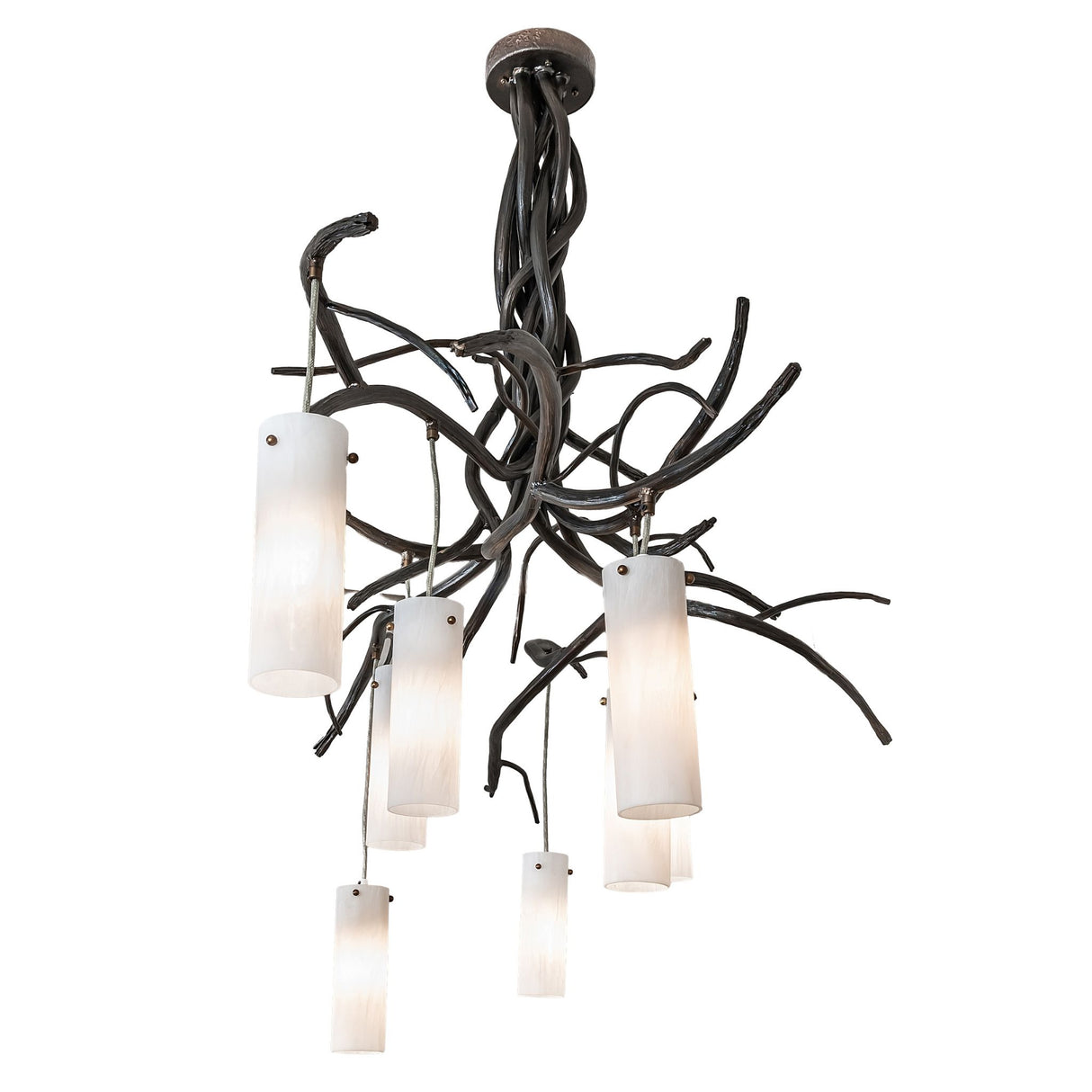 Alternate angled view of the chandelier with handcrafted branch-like metal design.