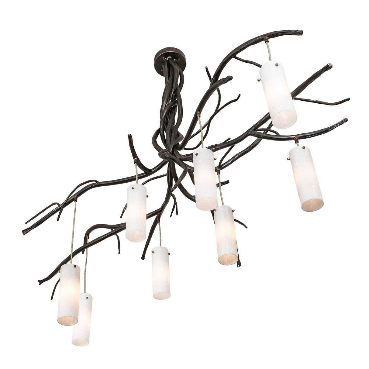 Angled view of the chandelier showcasing branch-style arms and suspended glass shades.