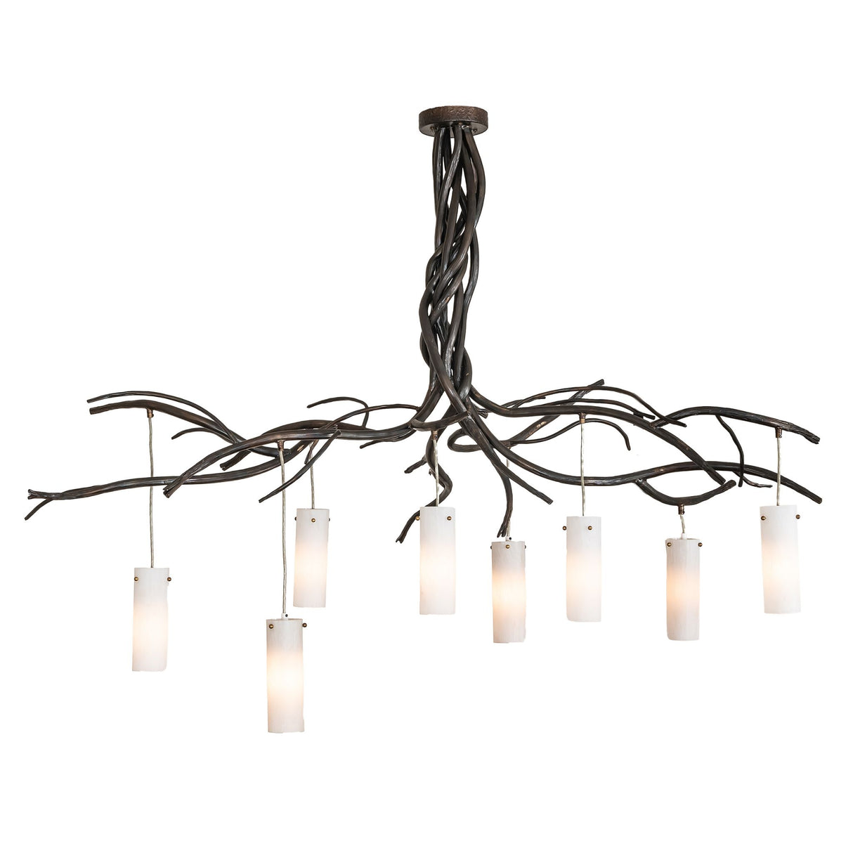 Side view of the chandelier with elongated cylindrical glass shades and organic metal branches.