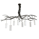 Unlit view of the chandelier highlighting pine branch-inspired metal framework and glass shades.