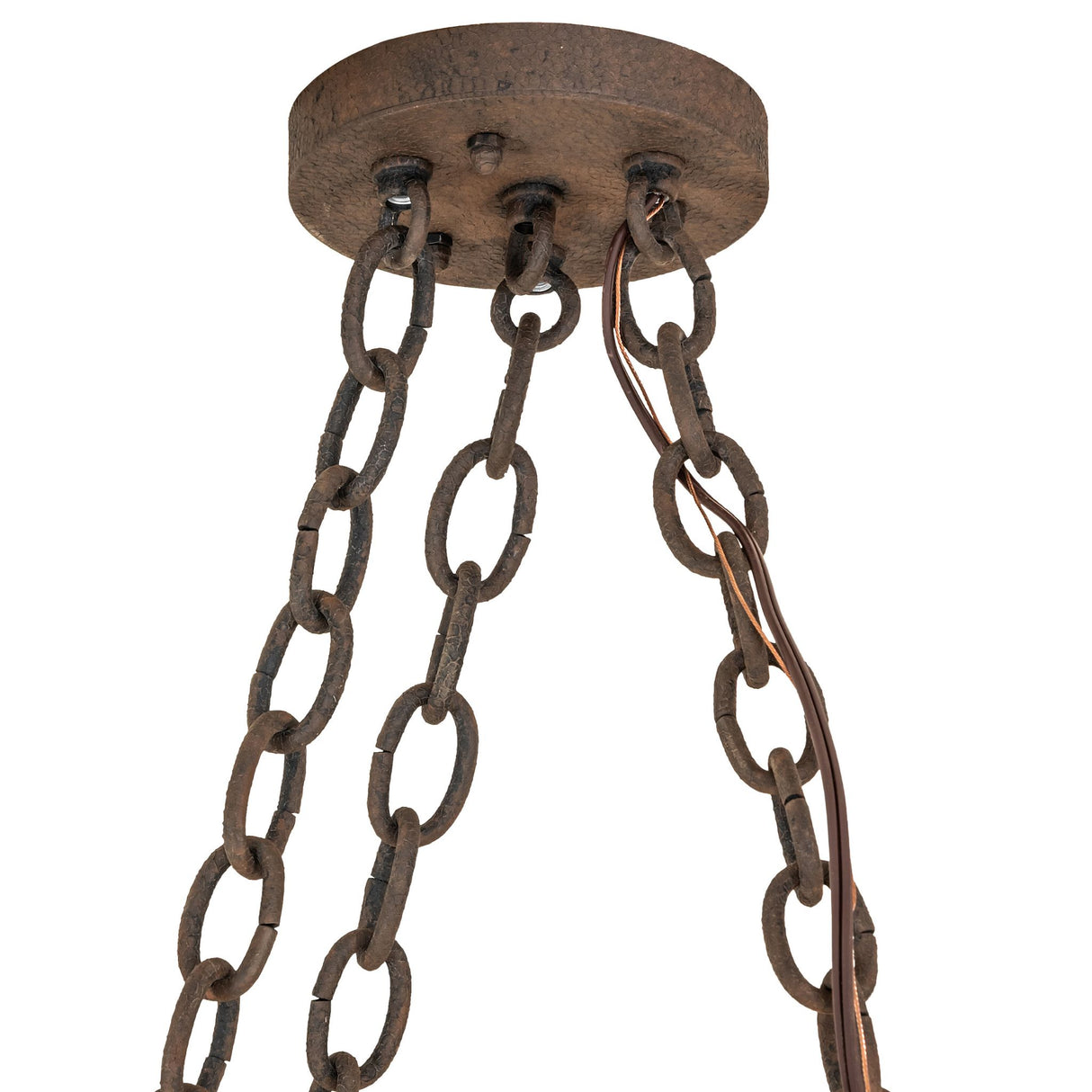 Detail view focusing on the chandelier’s canopy, chain links, and rustic finish.