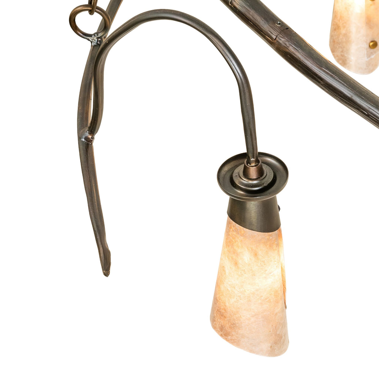 Detailed view of dark burnished metal branch arm with suspended mica light shade.