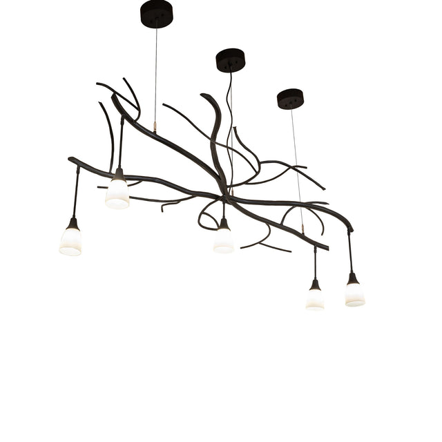 Lit view chandelier with five glass shades and black satin wrought iron branch frame.