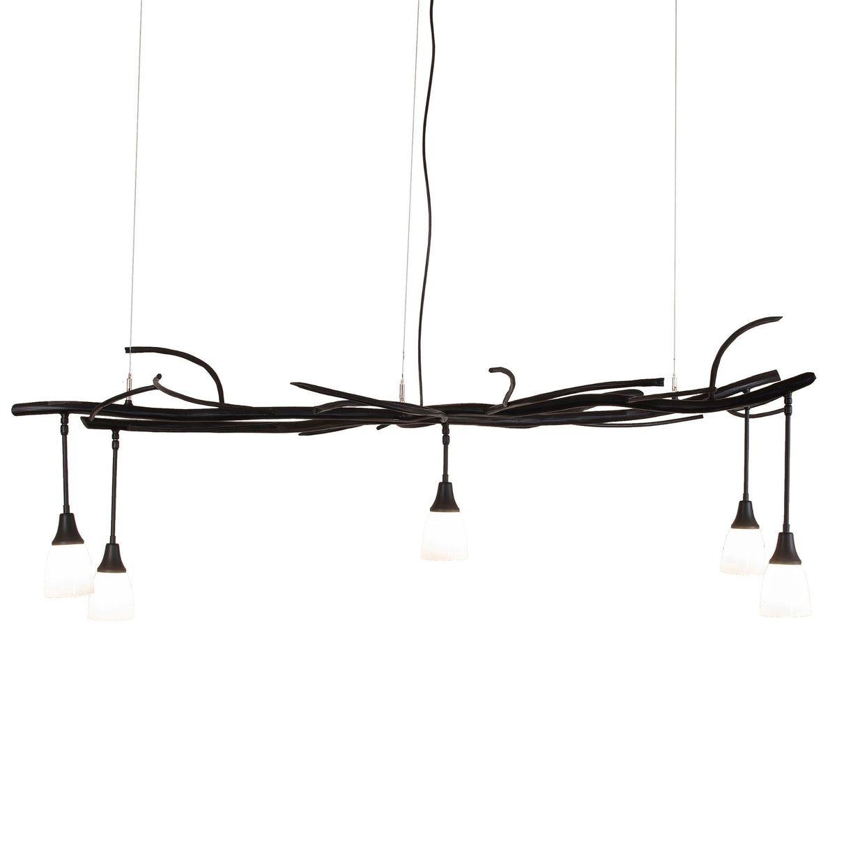 Side view of chandelier highlighting branch arms and glass shade placement.