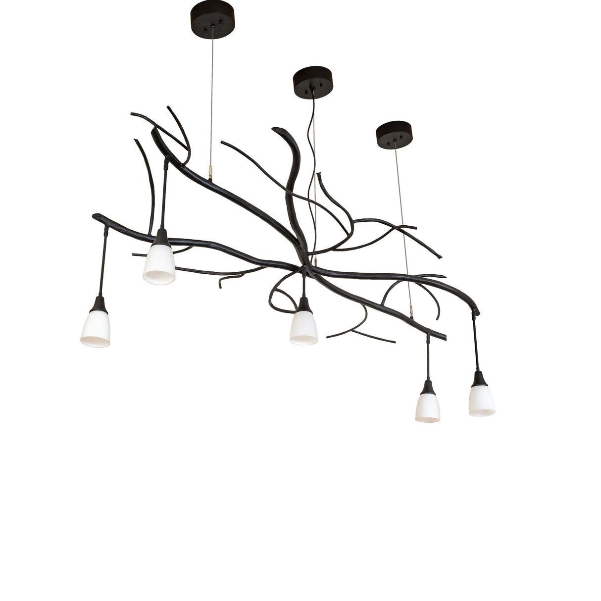 Unlit view of chandelier with sculptural branches and goblet-style glass shades.